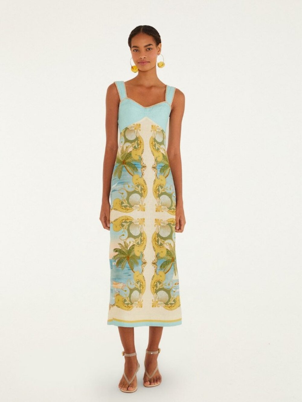 FARM Rio Aqua, Yellow and Cream Tropical Print Maxi Dress